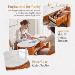 Table de Manucure Double de Luxe en Pierre Frittée, Orange Ambre Premium, avec Revêtement en Cuir Plissé, Poste de Travail Professionnel pour 2 Personnes en Salon - Product Image 2