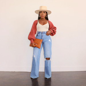 Los últimos pantalones vaqueros informales holgados de cintura alta para mujer, Pantalones vaqueros de pierna recta lavados de talla grande para niñas, <span class=keywords><strong>suavizante</strong></span> sólido rasgado de cintura media - Product Image 6