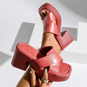 Zapatillas <span class=keywords><strong>de</strong></span> tacón alto para <span class=keywords><strong>mujer</strong></span> europea americana, <span class=keywords><strong>zapatos</strong></span> <span class=keywords><strong>de</strong></span> moda con punta abierta cruzada, prendas <span class=keywords><strong>de</strong></span> vestir que combinan con todo, tacón grueso para <span class=keywords><strong>Amazon</strong></span> - Product Image 2