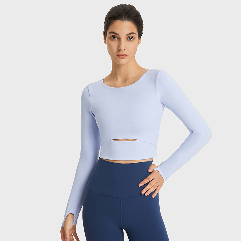 Womens Long Sleeve Nylon Spandex Crop Workout Top Four Way Stretch Sweat Wicking Breathable Quick Dry Short Length Yoga Tee