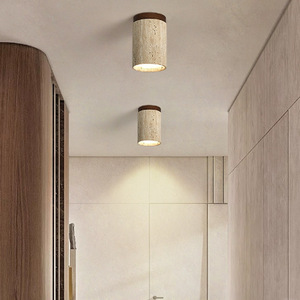 Plafonnier cylindrique en travertin style Wabi Sabi avec base en bois, lampe encastrée rétro pour couloir et salon - Product Image 3