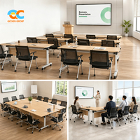 Table de conférence pliante flexible à effet bois avec roulettes mobiles et panneau de modération pour réunions de bureau, salles de formation et écoles