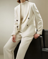 Setelan Wanita Elegan 2 Potong Model Double Breasted untuk Blazer Oversize Berkerah dengan Kancing Tunggal, Celana Panjang High Waist Anti Angin