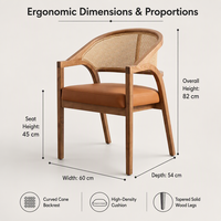 Fauteuil en bois avec dossier en rotin, hauteur totale 82 cm et hauteur d'assise 45 cm, assise rembourrée en mousse haute densité, pieds effilés