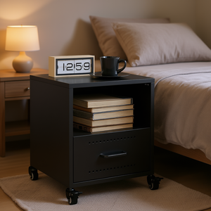 Petite table de chevet portable noire en acier laminé à froid avec tiroir et roulettes pour chambre à coucher - Product Image 2