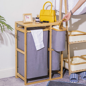 Japanese Style Solid Wood Laundry <b>Basket</b> Grey Oxford Cloth Floor Standing Storage <b>Shelf</b> Bathroom Clothing Organizer Multi Layer - Product Image 2