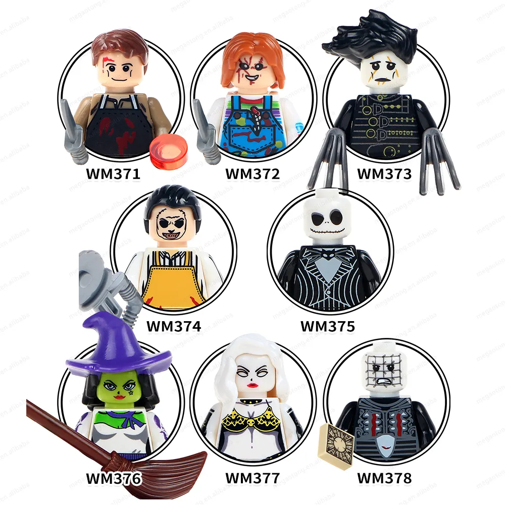 Festival Hantu Halloween horor Jason Freddy Jack Skeleton Zombie Clockwork cincin Scissorhands blok bangunan mainan Mini anak-anak