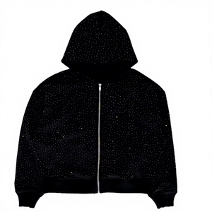 Felpa con Cappuccio Personalizzata in Cotone con <span class=keywords><strong>Zip</strong></span> e Logo in Strass, Ecologica, Antivento, Vestibilità Regolare, Nera - Product Image 1