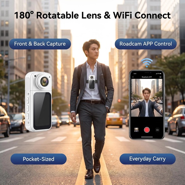 Popular 2.7K Mini Body Mount Action Cameras 180° Rotatable Lens Dual Record WiFi Vlog Recorder With Magnetic Lanyard