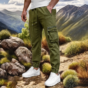 Pantalon cargo baggy décontracté léger pour homme, 100 % coton, coupe droite, délavage foncé, devant plat, taille mi-haute, 6 poches - Product Image 2