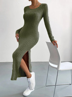 Nouvelle Robe Longue Décontractée Femme en Nylon Tricoté à Taille Élastique, Manches Longues, Col Fendu, Coupe Trapèze, Couleur Unie, Style Urbain Tendance Printemps