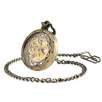 Montres de poche mécaniques manuelles transparentes en bronze/noir, squelette, avec chaîne de suspension, à remontage manuel, pendentif