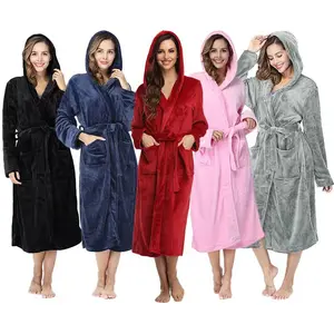 Trung Quốc Nhà Cung Cấp Nhà Dệt Bán Buôn Của Phụ Nữ Loungewear Thiết Kế Cổ Điển Ấm Flannel Dày Rắn Màu Sắc Áo Ngủ