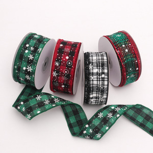 Pita Natal Bermotif Kotak-kotak Salju, Pita Tartan Linen Imitasi dengan Motif Salju untuk Pembungkus Kado Natal, Pita DIY - Product Image 3