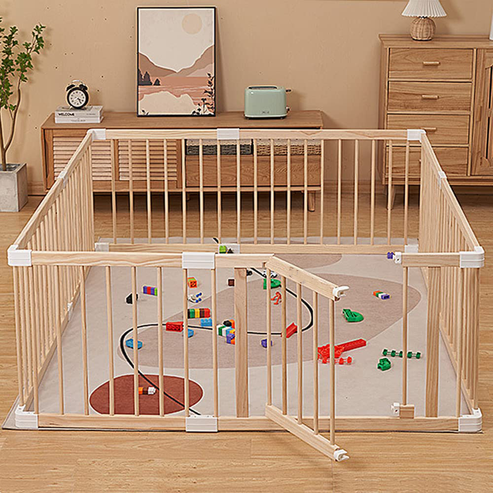 Solid Wood Foldable Baby Play Yard Baby Fence Playpens with Adjustable Gate