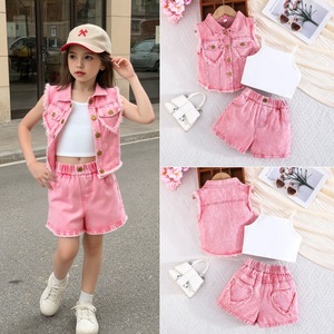 Set estivo da ragazza nuovo stile gilet in Denim senza maniche da ragazza + canotta + Shorts in denim Set tre pezzi - Product Image 2