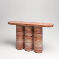 Table console en marbre travertin rouge Dream Home, plateau en forme de piste de course, base à triple cylindre, meuble d'entrée en pierre superposée
