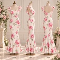 Robe longue sirène ajustée pour femme, imprimé floral tissé, manches à volants, col cœur, idéale pour les occasions formelles - Vente en gros