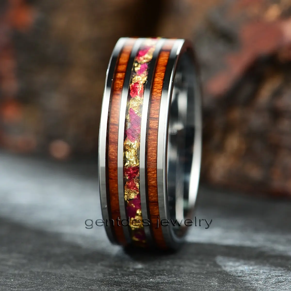 Gentdes Jewelry 8mm Flat Fashion Wood Veneers And Beautiful Flower Inlay Silver Tungsten Carbide Ring For Men Women Wedding Ring