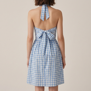 Robe midi dos nu à carreaux bleus et blancs pour femme, style licou, avec nœud papillon, coupe trapèze, idéale pour les vacances d'été, vente en gros - Product Image 2