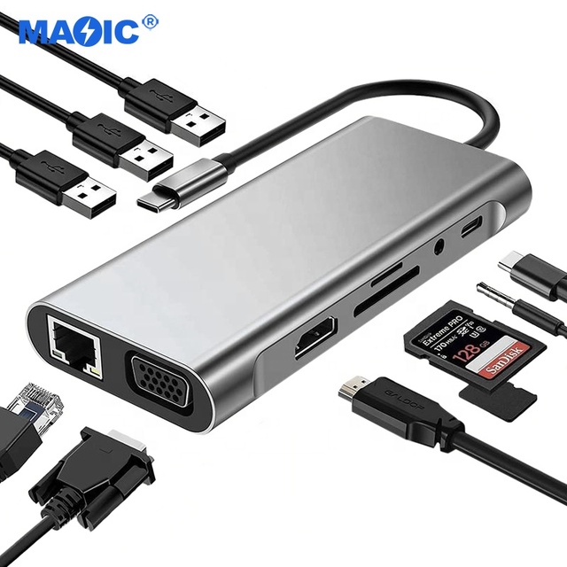 USB-C for Hub with 10 Ports 4K/1080P VGA USB 3.0 (3 Ports) 100M RJ45 3.5mm Audio-Aluminum Alloy