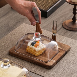 Caja de mantequilla de madera de acacia con cuchillo, tabla de queso, rebanadora, tapa de vidrio para cortar queso, mantequilla, pastel, plato de postre - Product Image 5