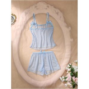 Ensemble de pyjama en maille transparente pour femmes personnalisé avec nœud papillon et imprimé cœur, lingerie 2 pièces sans manches, vêtements de nuit respirants - Product Image 5