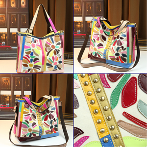 Sac fourre-tout vintage français de style nouveau, coloré, patchwork, perlé, en cuir véritable, grande capacité, pour femmes - Product Image 2