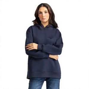<b>Women's</b> <b>Navy</b> Blue Oversized Hooded Sweatshirt Long Sleeve Solid Knitted Pullover Casual Autumn Wear Breathable Full Length - Product Image 2