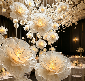 Nouvelle conception <span class=keywords><strong>de</strong></span> fleur géante en organza faite à la main et personnalisée avec lanterne pour la décoration <span class=keywords><strong>de</strong></span> mariage, fleur <span class=keywords><strong>de</strong></span> <span class=keywords><strong>fond</strong></span> - Product Image 1