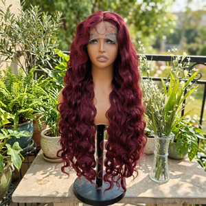 <span class=keywords><strong>Parrucche</strong></span> <span class=keywords><strong>sintetiche</strong></span> KEMY Hair Egg Curl color bordeaux, 28 pollici, lunghe, con onde morbide, con frontale in pizzo HD, senza colla, per donne di colore. - Product Image 2