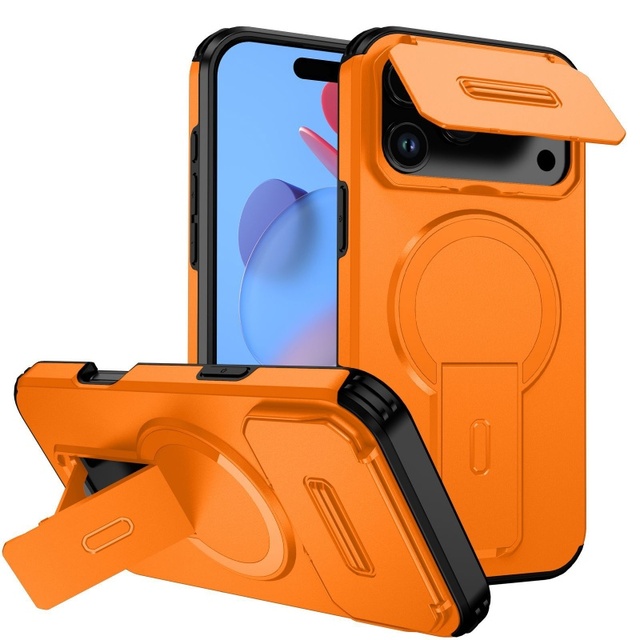 Kickstand Heavy Duty Shockproof Rugged With Holder Phone Case for 17 16 15 14 Pro Max Sliding Camera Lens Protection Ring Cover