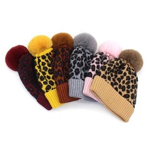 High Quality Fashion Custom Logo Beanie Lady Sexy Leopard Print Raccoon Pom Pom Knitted 100% Acrylic Plush Winter <strong>Head</strong> <strong>Warmer</strong> - Product Image 1