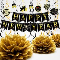 Articles de fête du réveillon du Nouvel An, décorations pour le Nouvel An, comprenant une bannière, des pompons, des ballons, des drapeaux triangulaires pour le réveillon du Nouvel An