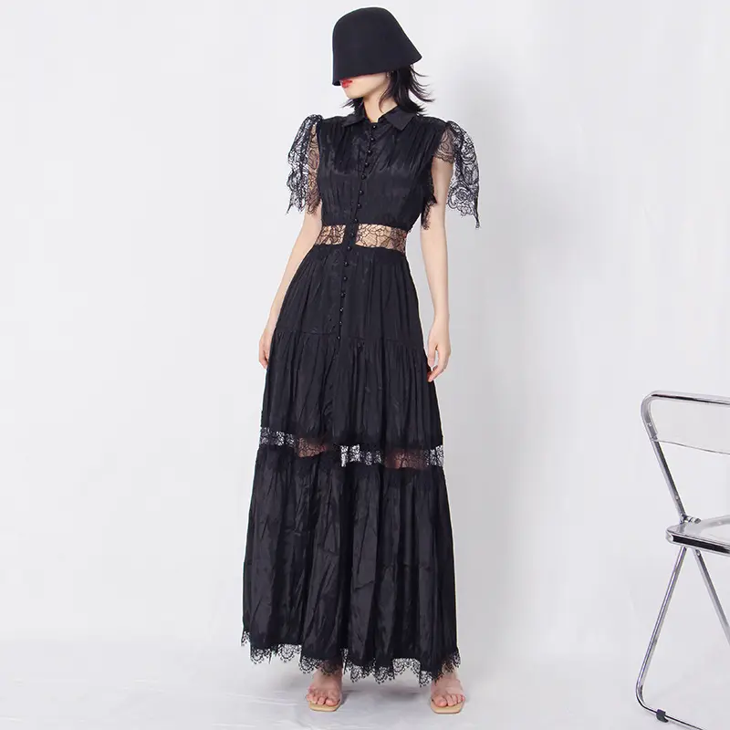 GIMILY oem custom Solid color Lace long dress lapel Waist hollow Single-breasted irregular dress for women with very popular