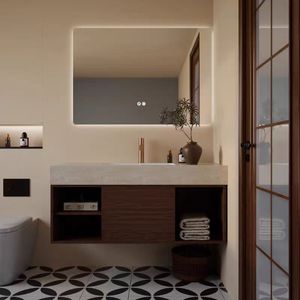 Mueble de Baño Flotante Moderno con Encimera de Madera de Roble Integrada <span class=keywords><strong>para</strong></span> 4-6 Personas ㎡   <span class=keywords><strong>Muebles</strong></span> de Baño de Alta Gama <span class=keywords><strong>para</strong></span> Uso Comercial - Product Image 1