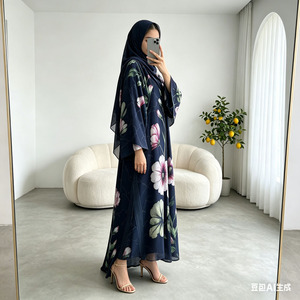 Conjunto de Abaya con Estampado Floral para el Ramadán y el Eid, Vestido Musulmán para Mujer, Kimono Abierto de Chifón con Hiyab, Venta al Por Mayor - Product Image 3