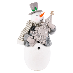 Chic Grey Fur Vest Snowman Sculpture Holding Wooden Tree for Modern Farmhouse <b>Xmas</b> Decor Wholesale - Product Image 1