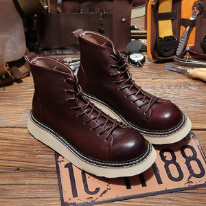 Chaussures pour hommes, bottes d'hiver vintage américaines pour hommes, à semelle épaisse, antidérapantes, résistantes à l'usure, en cuir véritable, bottes de travail décontractées à tige haute - Product Image 5