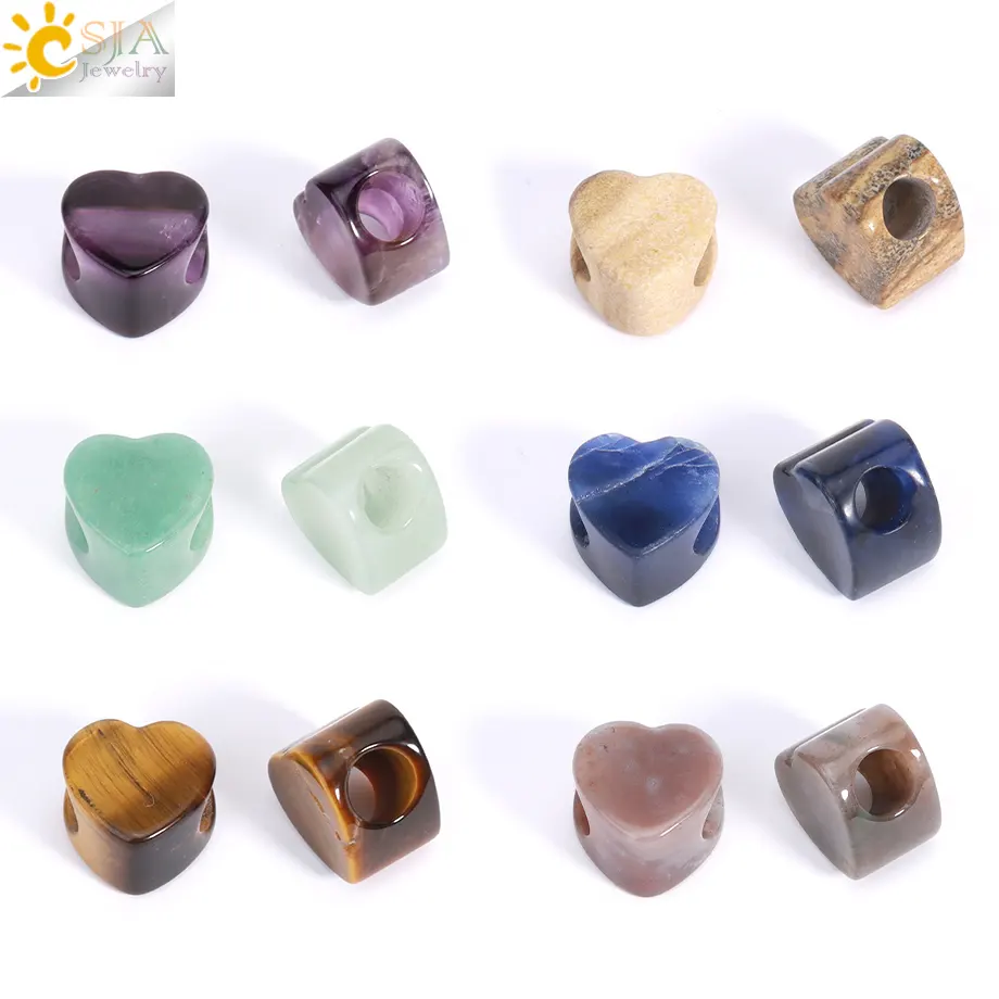 CSJA Wholesale Big Hole Gemstone Loose Bead Natural Stone Heart Pendant Crystal Beads For Bracelet Diy Jewelry Making 5pcs H198