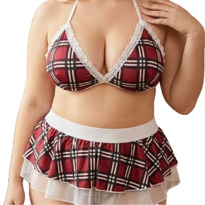 Ensemble de lingerie <span class=keywords><strong>grande</strong></span> <span class=keywords><strong>taille</strong></span> pour femmes, costume sexy d'écolière, tenue en dentelle pour jeu de rôle étudiant avec haut, culotte et mini-jupe, 3 pièces - Product Image 5