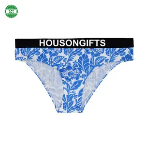 Custom logo blue floral print briefs underwear for ladies sublimation all over print undies happy life