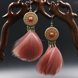 Feather <b>Drop</b> Earrings Alloy Antique <b>Bronze</b> Plated Bohemia Style Women's Party Jewelry - Product Image 1