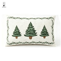 Housse de coussin lombaire brodée de Noël 50x30 en coton et lin, motif arbre, taie d'oreiller avec bordure en dentelle brodée pour canapé et décoration intérieure
