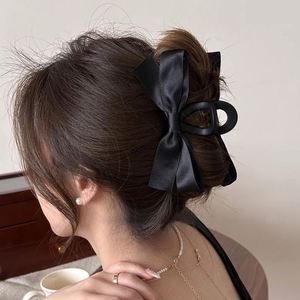 Wedding Party Gift Hepburn Style Black Double Sided <b>Bow</b> Crystal <b>Large</b> Shark Clip Elegant Updos Back Head Hold for Women - Product Image 3