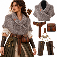 Ensemble de costume médiéval Viking Celtique, écharpe tricotée, pochette en cuir avec clés squelette, protège-bras, tenue de cosplay Renaissance