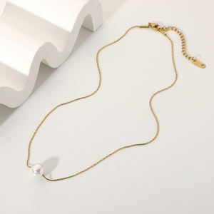 Collar de perlas de acero inoxidable de 14K, cadena de oro sencilla, joyería delicada, colgante de perla individual, regalo bonito para niña - Product Image 3