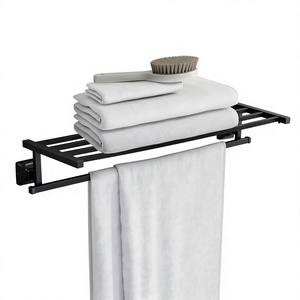 Porte-serviettes mural noir avec étagère, en acier inoxydable, minimaliste, pour salle de bain, support fixe pour serviettes, organisateur - Product Image 6