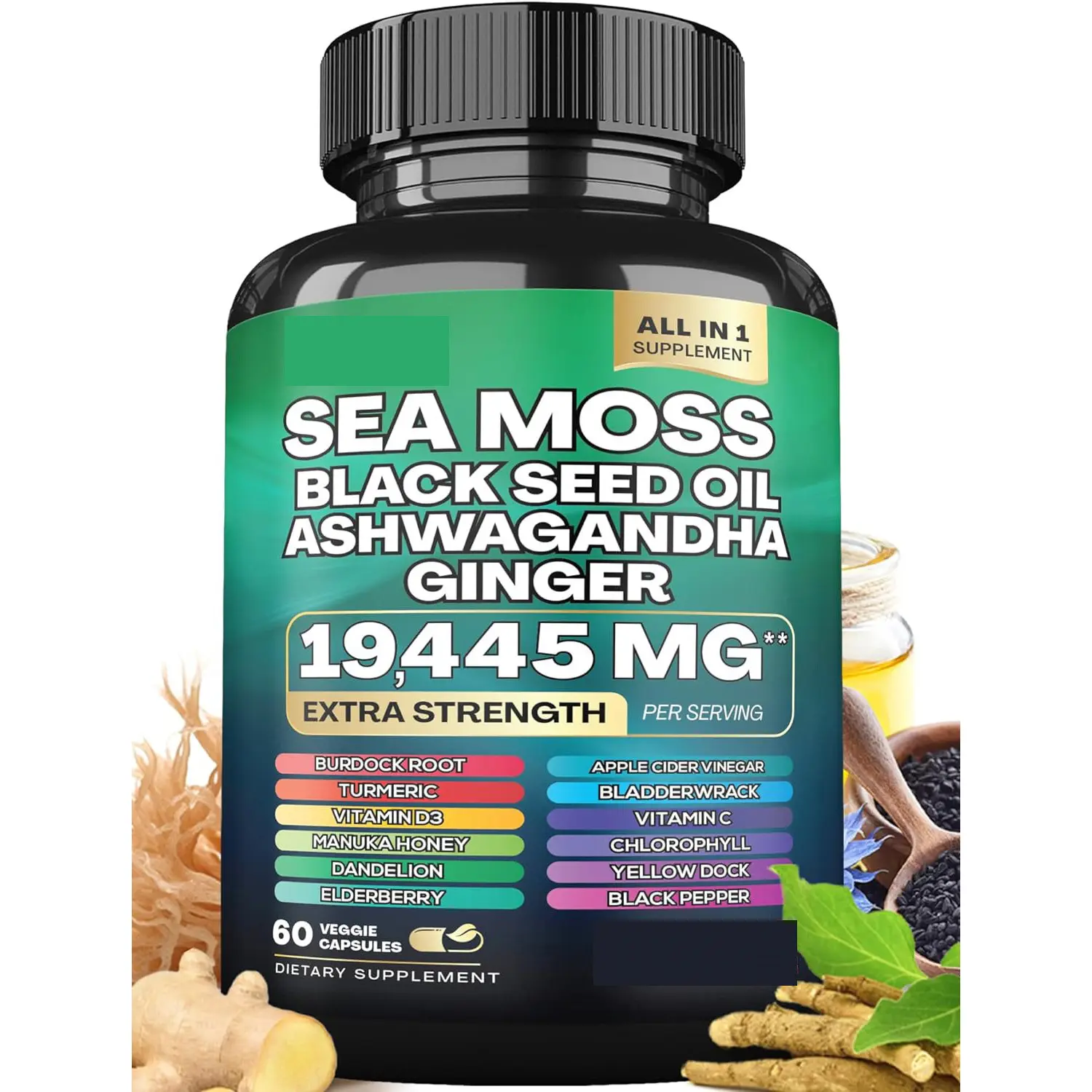 Sea moss capsules Apple Cider Vinegar Manuka Honey Chlorophyll Dandelion Ginger Yellow Dock Elderberry Multimaterial integration