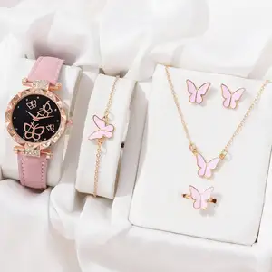 Vintage Exquisite Leather Quartz Watch Jewelry Set Butterfly Necklace Earrings and Bracelet Set Jewelry